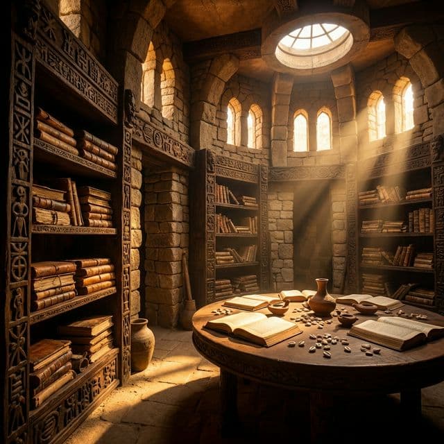 Ancient African library interior with carved wooden shelves and golden light