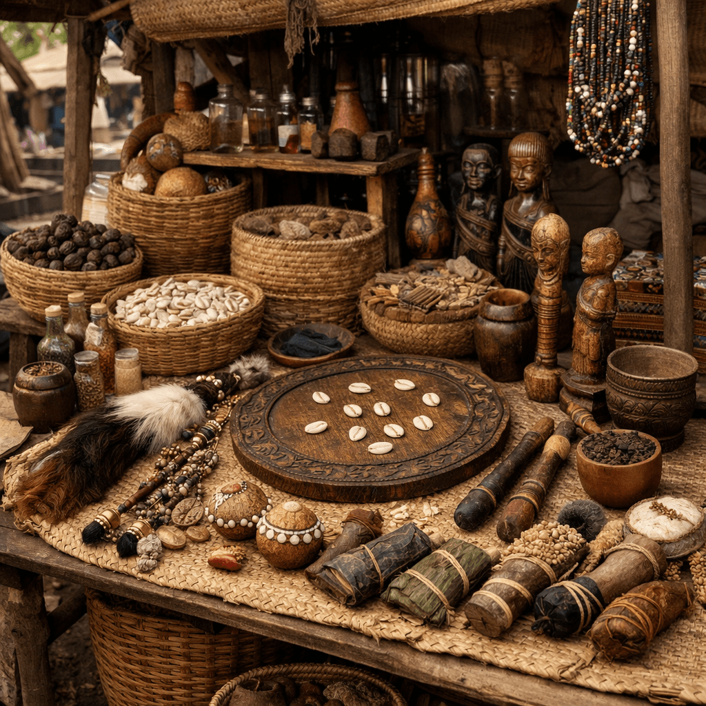 Authentic African market stall with woven baskets