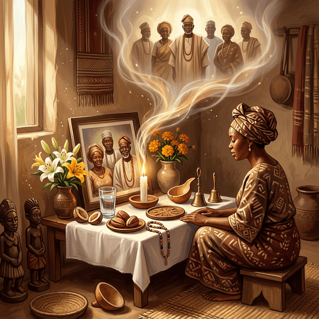 Warm illustration of a Yoruba ancestral altar with white cloth, candle, kola nuts and spiritual energy rising upward