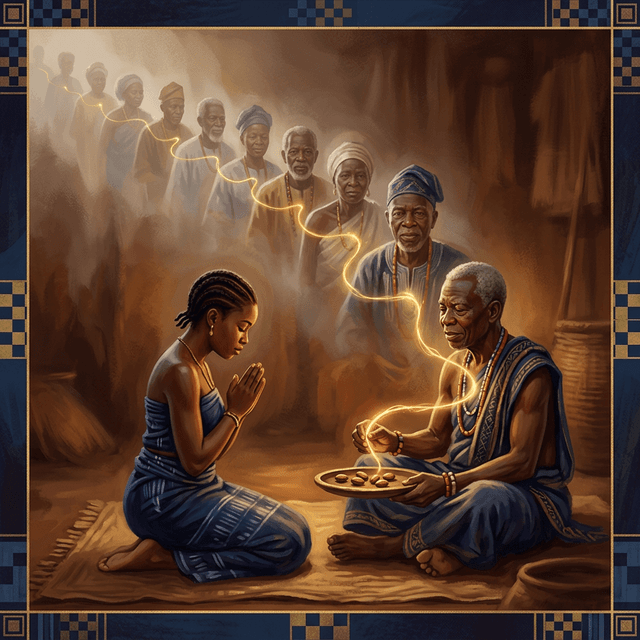 Atmospheric illustration of Ifá lineage — elders and initiates connected by golden threads of knowledge transmission across generations